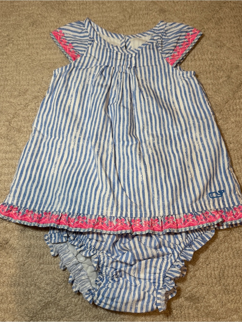 Vineyard Vines Blue & White Striped Baby Dress with Pink Trim, size 3-6 month